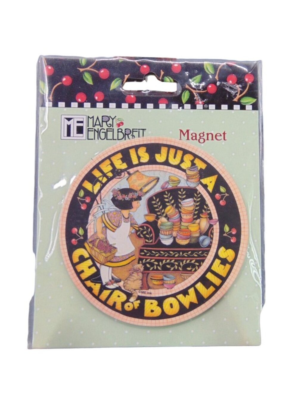 Vintage Mary Engelbreit Chair of Bowlies Round Magnet New on Original Package